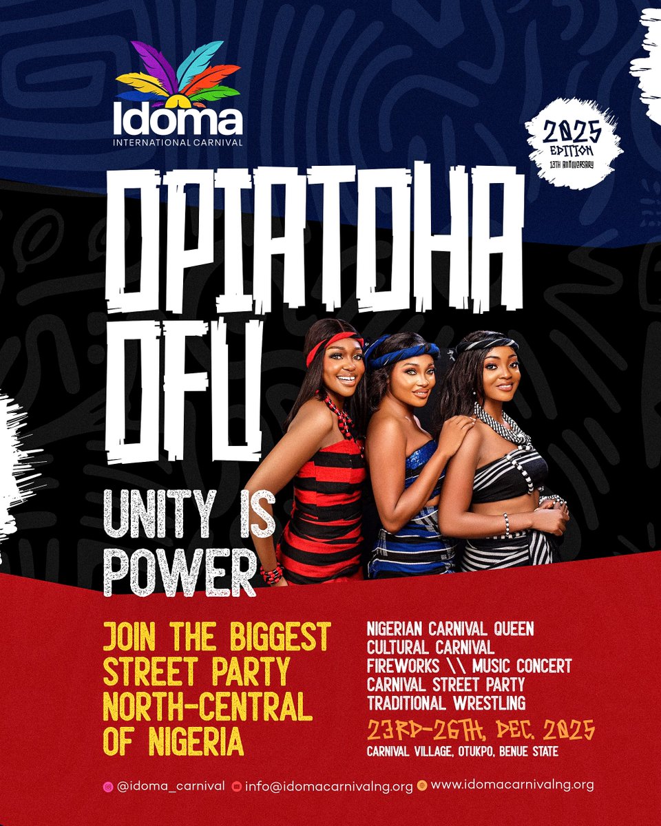 NCQPageant's tweet image. IDOMA INTERNATIONAL CARNIVAL 2025 
The pride of Idoma nation returns bigger, brighter, and more unifying!

Join us as we come together for peace, culture, empowerment, and celebration. Let the drums speak. Let the people unite. 
December 2025
Otukpo, Benue State

#IdomaCarnival