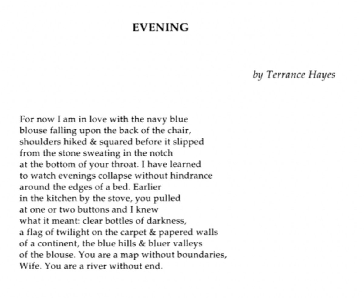 aliner's tweet image. For now, I am in love with the navy blue 
blouse falling upon the back of the chair

- Terrance Hayes, “Evening”