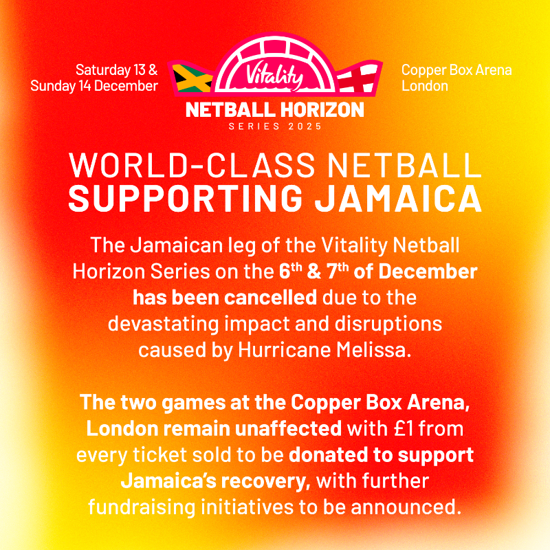 EnglandNetball's tweet photo. Supporting @NetballJamaica 🇯🇲 

📰 Only the @CopperBoxArena leg (13 &amp; 14 Dec) of the @Vitality_UK Netball Horizon Series will take place. 

Fundraising initiatives, including £1 from every ticket purchased going to @WCKitchen, will contribute to relief efforts in Jamaica ⬇️
