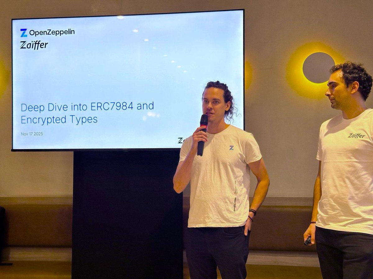 ZaifferProtocol's tweet image. Great workshop with @OpenZeppelin.

Excited to work together on auditing Zaiffer and pushing forward the confidential token standard using @Zama’s FHEVM.

Full report coming soon, stay tuned ⬛