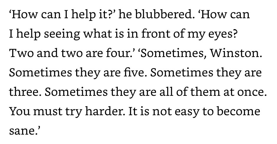 glosswitch's tweet image. Why can&apos;t Winston Smith just #bekind and say five? Or three? What does it cost him, really, to use the words other people want?