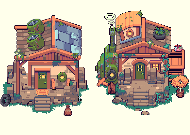 CandletownDev's tweet photo. A couple of cozy ol' houses on a cold day 😶‍🌫️ 
Verdini homes in Blossom are made from the ruins from a battle long past. 

🌸 #Azurebloom 🌸

#pixelart | #ドット絵 | #indiegame https://t.co/XXL457LFm1