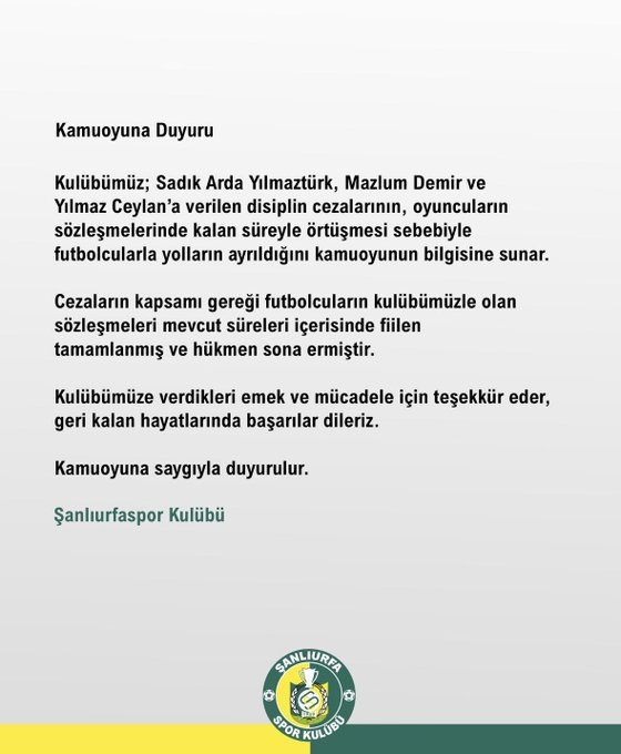 Şanlıurfaspor bahis cezası alan futbolcularla yolların ayrıldığını duyurdu.