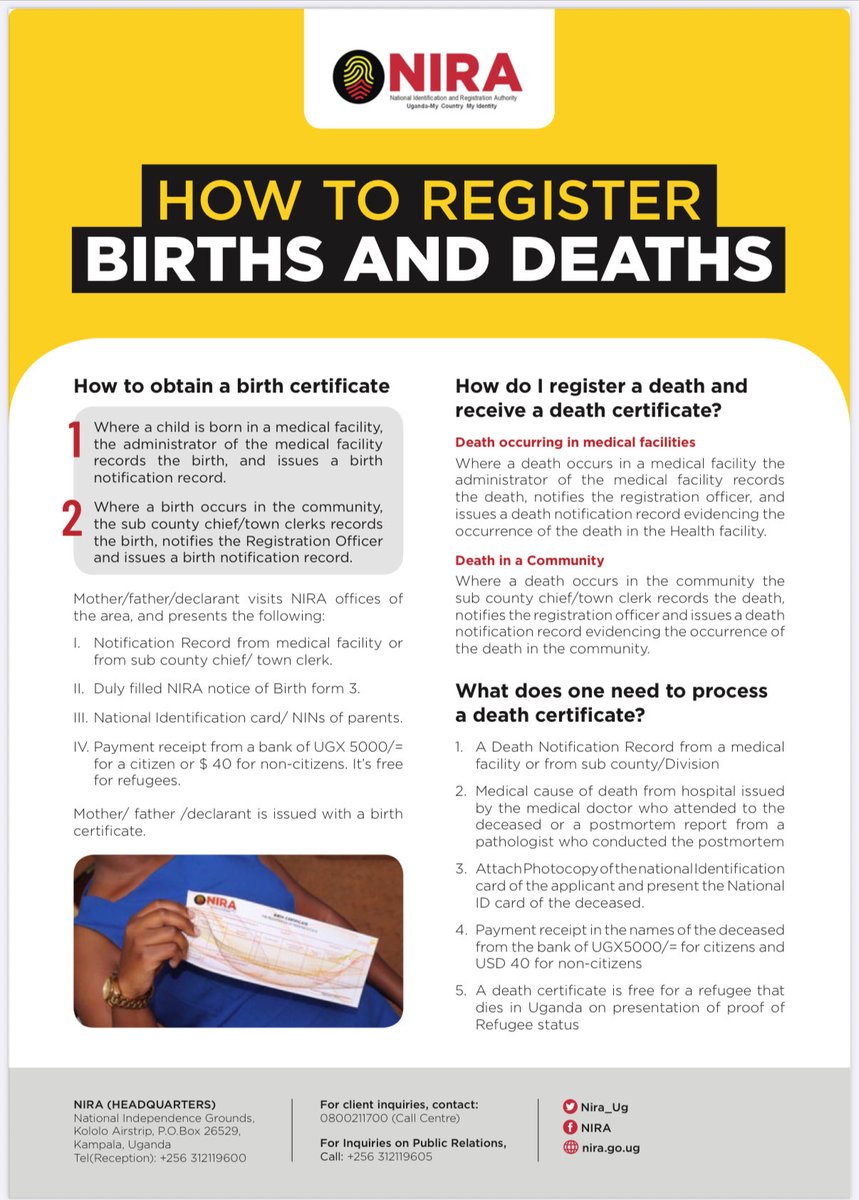 azielking1's tweet image. 🔔 IMPORTANT UPDATE from @NIRA_Ug 
Statutory fees for a death certificate have been adjusted to UGX 20,000 (from the previous 5,000/-).
For more information, visit: nira.go.ug/fees..#SpreadT… #PublicAnnoucement