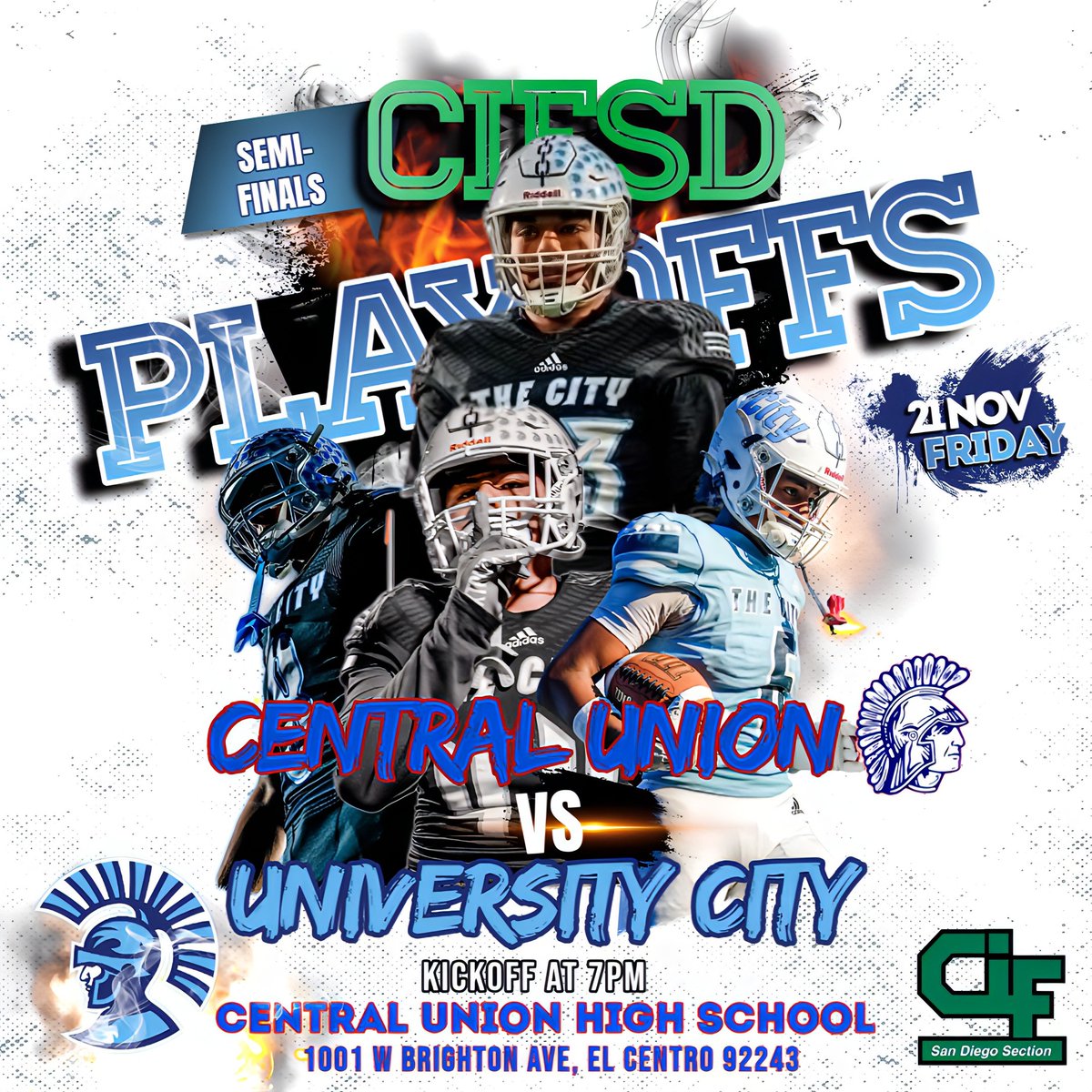 CenturionFB's tweet photo. It's Playoff Game Day! Semi-Finals! One step closer. Your Cents make the two hour trip to the desert &amp; face off against a tough Central Union Spartans team. Show support to your Centurions any way you can and help them come home with the W #UCityFootball #TheCity #WhyNotUC 🙌🏼 https://t.co/7pb2UWGe9V