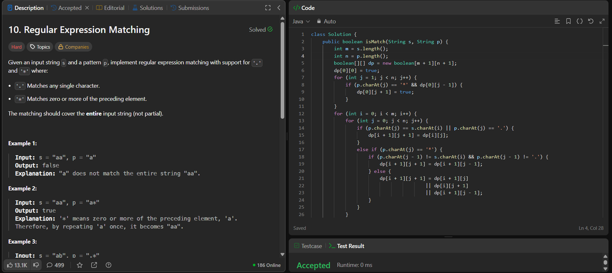 rituu_09's tweet image. Day 325 of 2025:                                         
👩‍💻 Code to Crack Companies!      
▫️Regular Expression Matching
#placementprep #2025Goals #leetcode #letsconnect