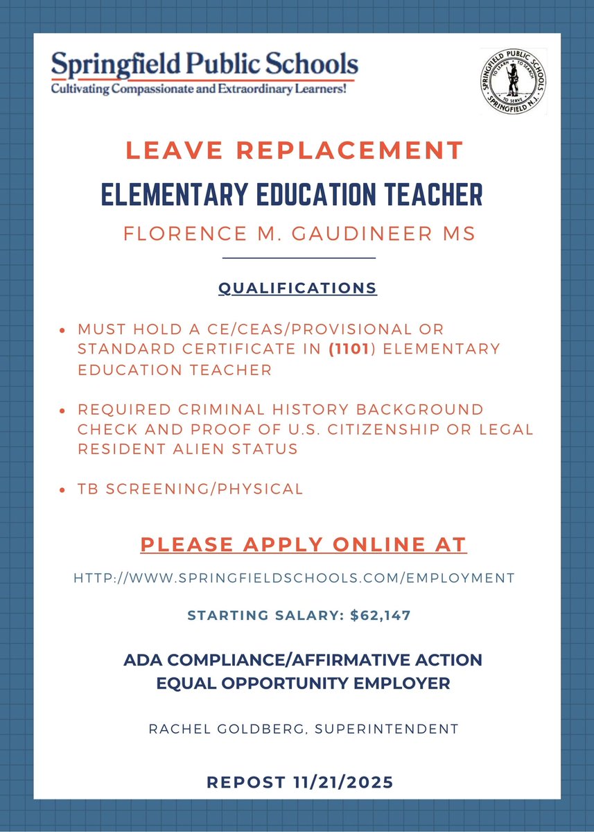 SpringfieldSchs's tweet image. Elementary Leave Replacement Teacher
@NJSchoolJobs

To Apply: applitrack.com/springfield/on…