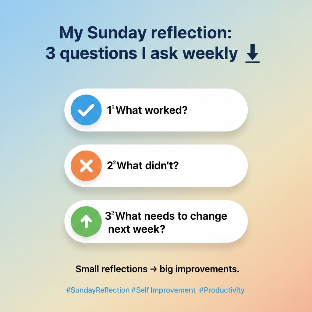 MiteshJ71069's tweet image. **My Sunday reflection: 3 questions I ask weekly 👇
1️⃣ What worked?
2️⃣ What didn’t?
3️⃣ What needs to change next week?

Small reflections → big improvements.**

#SundayReflection #SelfImprovement #Productivity