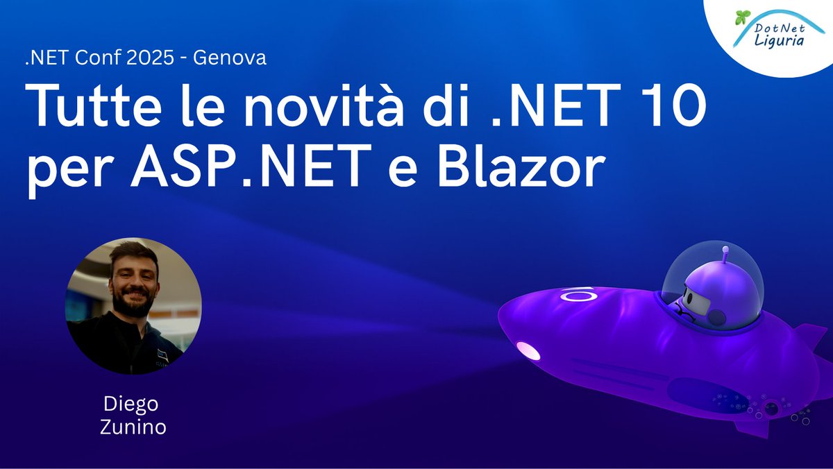 dotnetliguria's tweet image. 🟠 Tutte le novità di .NET 10 per ASP.NET e Blazor – Diego Zunino (@znndgi)
 
📅 .NET Conf 2025 – 12 dicembre 2025
📍 Piazza della Vittoria 11/10, Genova
🎟️ Iscriviti 👉 eventbrite.com/e/biglietti-ne…

#dotnetconf
