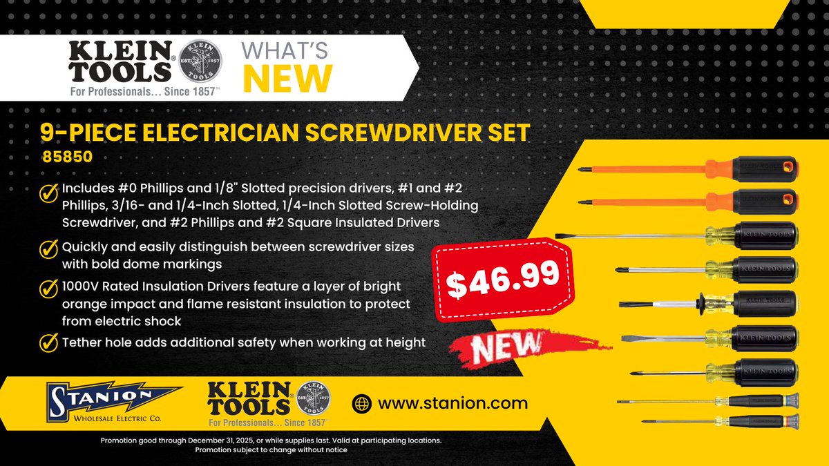 StanionElectric's tweet image. 🛠️Equip your team for every install with the new Klein 9-Piece Electrician Screwdriver Set! Perfect for any job, at a great price! Visit our website or drop by your local Stanion branch to get this, before the promotion ends December 31st!

#KleinTools #QualityTools #ToolsForPros
