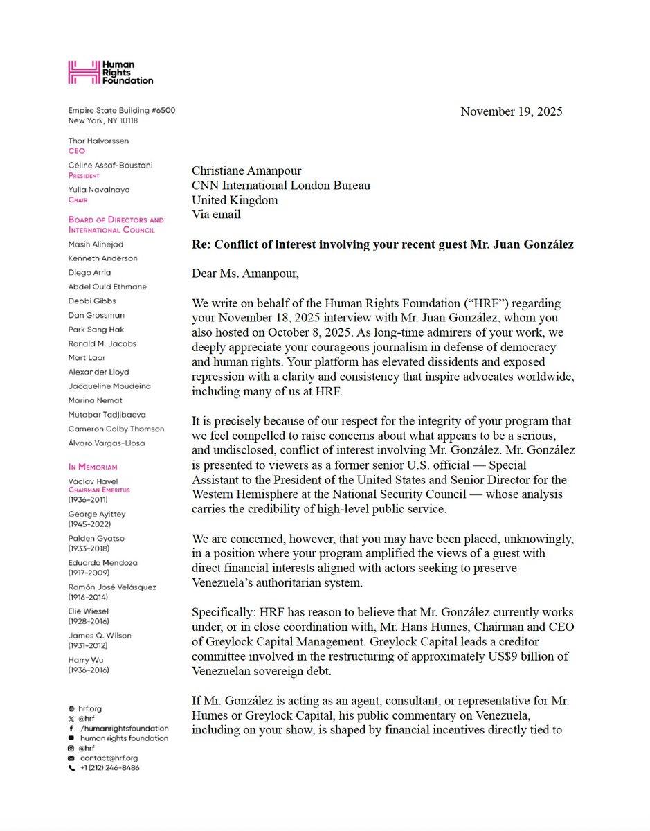 Global_Census's tweet image. Escándalo #SignalGate sacude a Human Rights Foundation en X
Nueva York, 21 nov 2025 –

Capturas filtradas de un chat de Signal de la Human Rights Foundation (HRF) revelan salarios millonarios de sus directivos (cercanos al millón de dólares anuales) pagados con donaciones y…