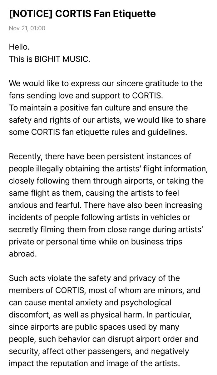 CORTISBRASIL's tweet image. #INFO | BIGHIT MUSIC compartilhou as regras de etiqueta para os fãs do CORTIS, em recente nota no Weverse.

“Gostaríamos de expressar nossa sincera gratidão aos fãs que enviam amor e apoio ao CORTIS.

Para manter uma cultura positiva de fãs e garantir a segurança e os direitos de…