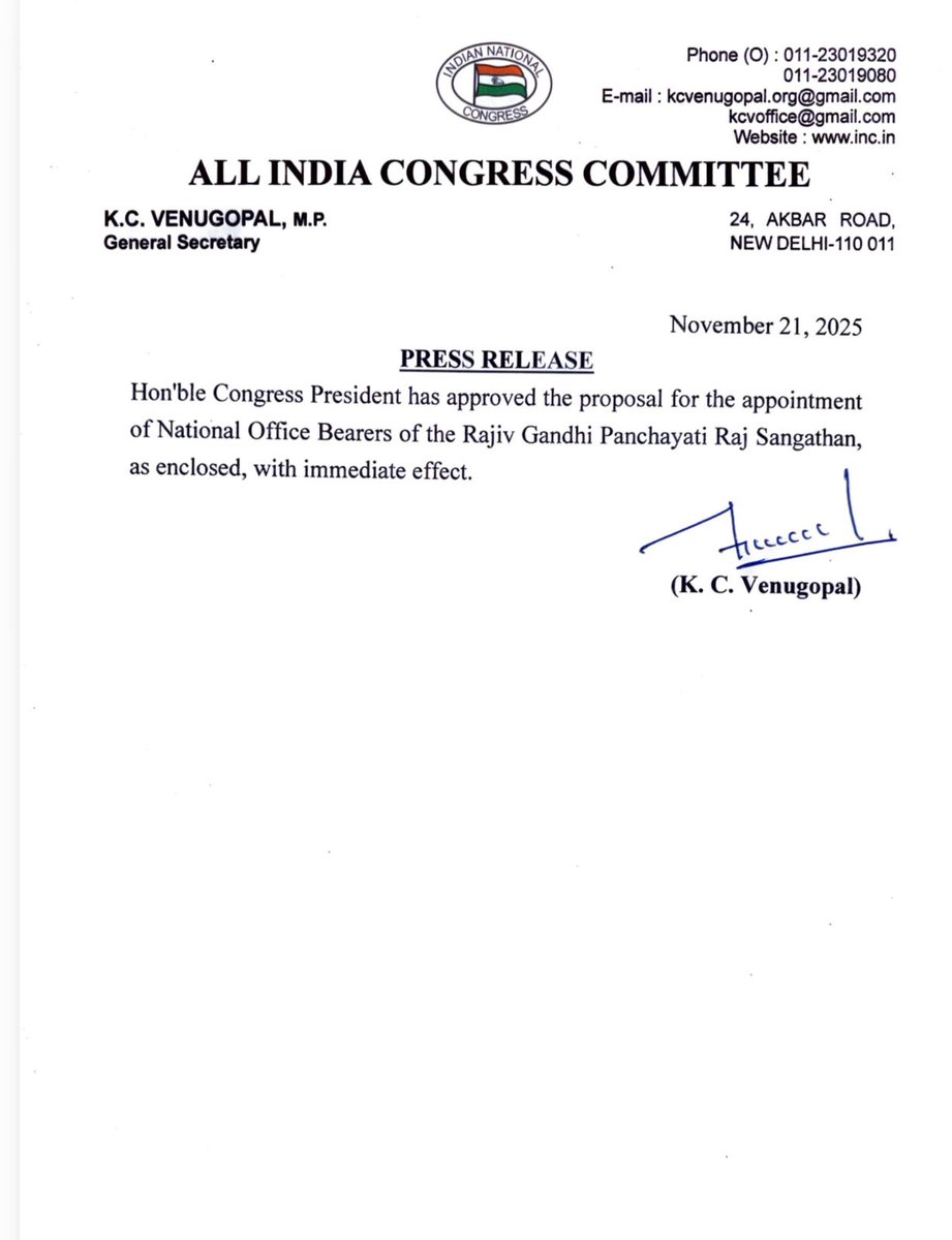 INCSandesh's tweet image. Hon&apos;ble Congress President has approved the proposal for the appointment of National Office Bearers of the Rajiv Gandhi Panchayati Raj Sangathan, as enclosed, with immediate effect.