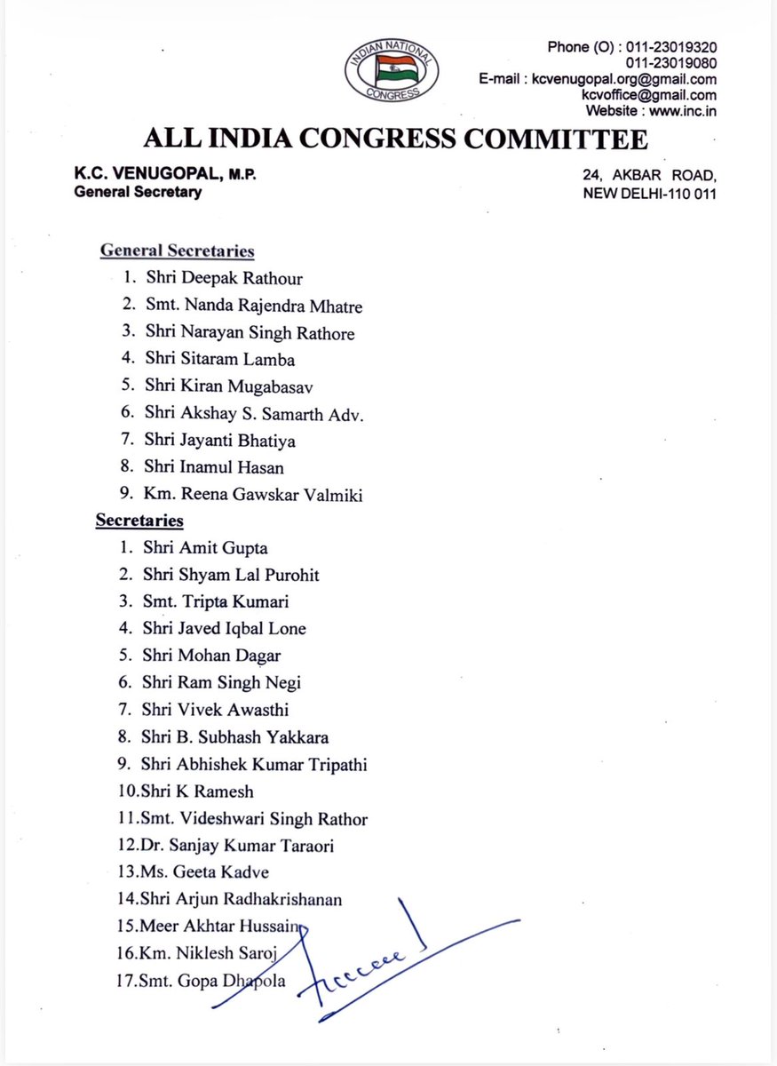 INCSandesh's tweet image. Hon&apos;ble Congress President has approved the proposal for the appointment of National Office Bearers of the Rajiv Gandhi Panchayati Raj Sangathan, as enclosed, with immediate effect.