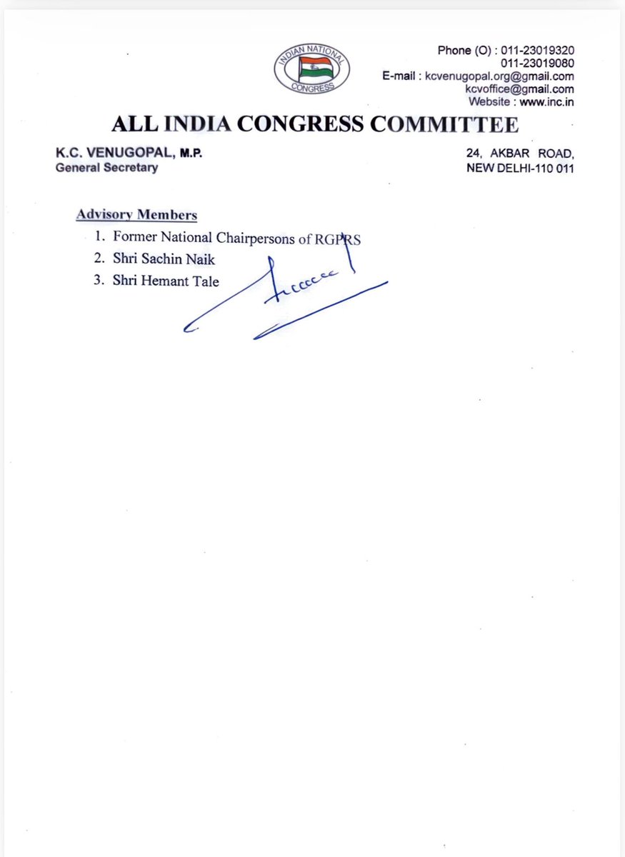 INCSandesh's tweet image. Hon&apos;ble Congress President has approved the proposal for the appointment of National Office Bearers of the Rajiv Gandhi Panchayati Raj Sangathan, as enclosed, with immediate effect.