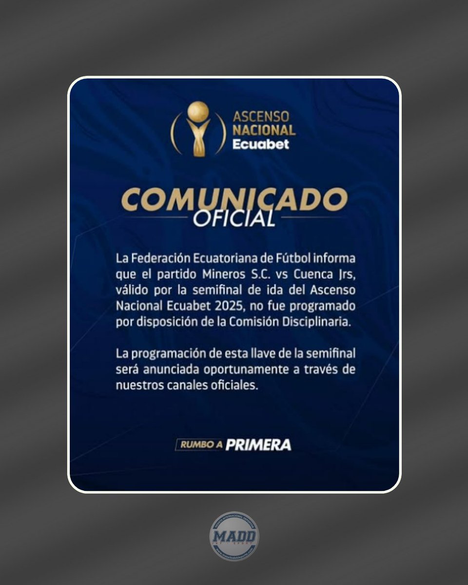 masalladeportec's tweet image. ¡SUSPENDIDA la Semifinal del Ascenso! La #FEF frenó el #MinerosSC vs. #CuencaJrs. tras la impugnación de Juventud Italiana por presunta alineación indebida. El conflicto estalló por un error de género en la #cédula del jugador May Laury Quiñónez