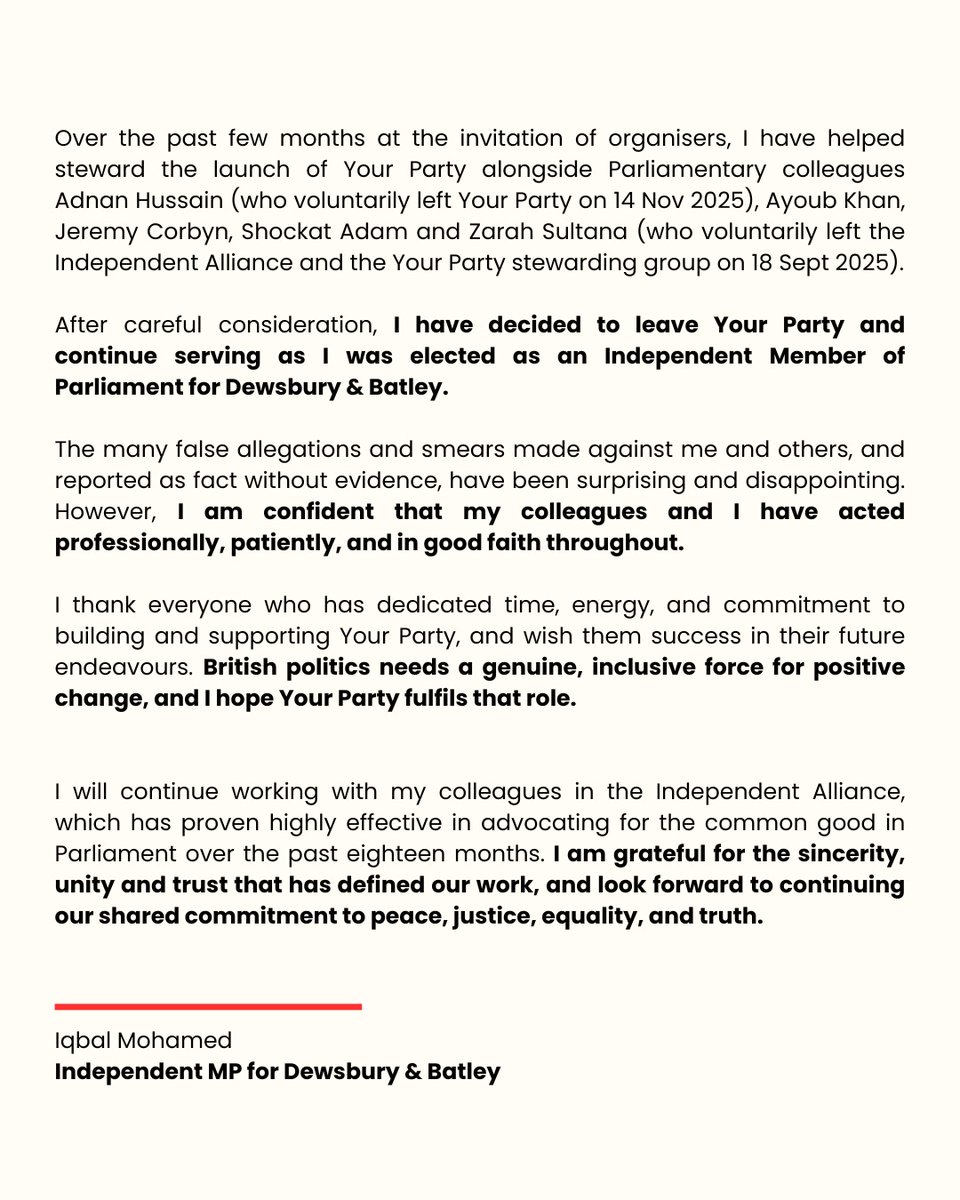 iqbalmohamedMP's tweet image. My statement on my departure from Your Party.