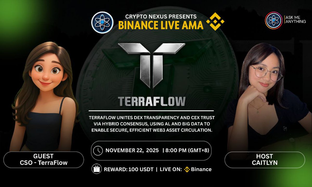 thenexus_team's tweet image. Join us for Exclusive @binance LIVE AMA with @Terra_FlowWeb3
🗓️ Date:- 22th, November , 2025
🕰️ Time:- 8:00 PM (GMT+8)
🎁 Reward :- $100

🎙️Guest:- TerraFlow CSO

📌Add Reminder :- binance.com/en/live/video?…
〽️ Rules: 
1️⃣ Follow :-
2️⃣ Like &amp;amp; Retweet this post
#Binance  #Binancelive…