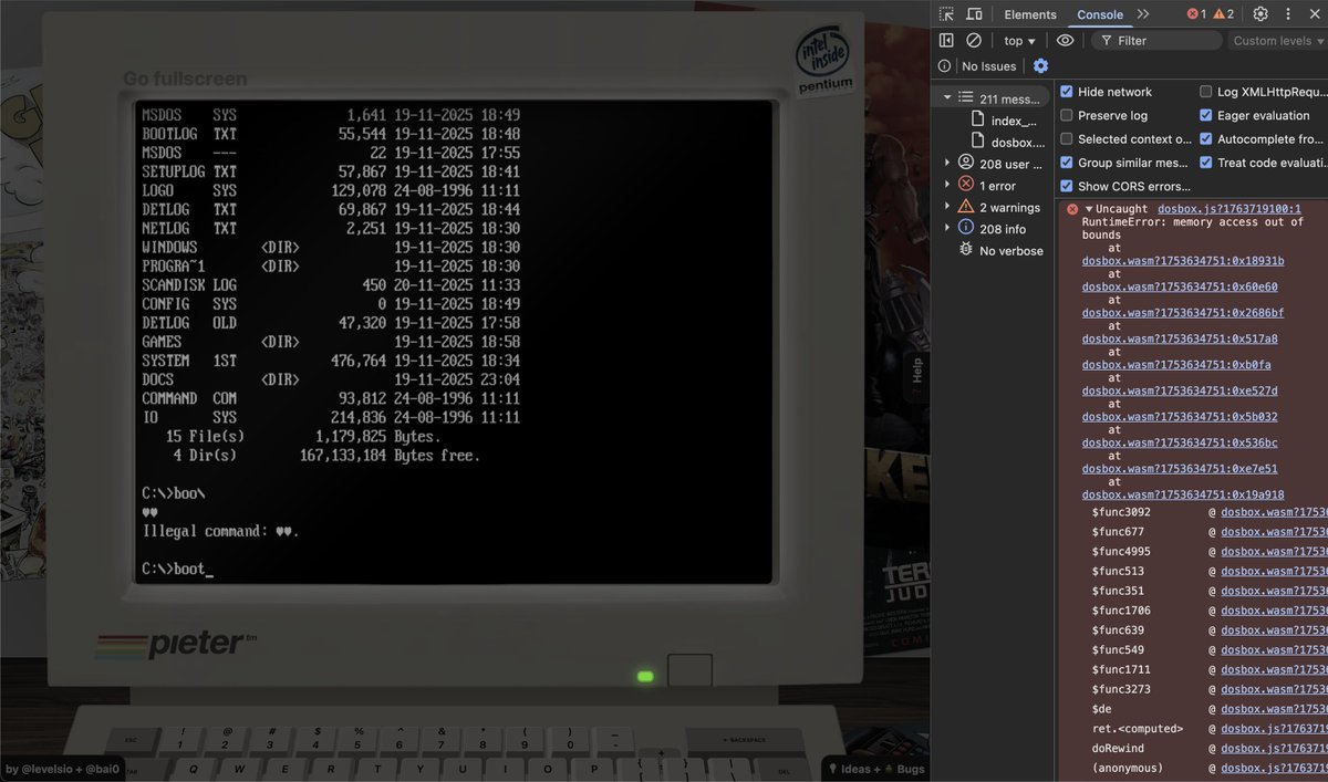 我需要一些帮助
现在几乎已经在 Em-DOSBox 中运行了 Windows 95,网址是 https://t.co/MhtM0fn4g9
这是打包后的文件夹:
https://t.co/an6ZGYHLBM
整个文件夹也可以在 d