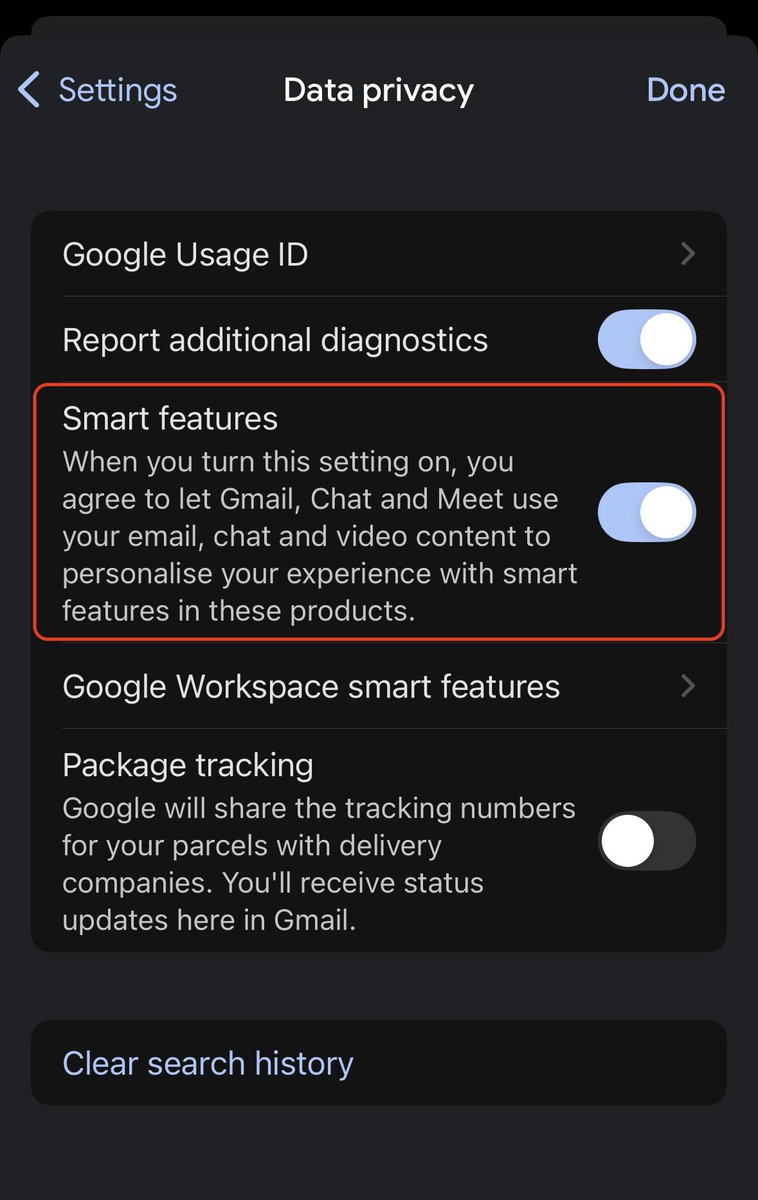 asklumo's tweet image. Did you know that Gmail, Chat, and Meet have access to all your messages and attachments and use them to train their AI models?

What&apos;s worse, you’re opted in by default!

To opt out from the Gmail app, go to Settings &amp;gt; Data Privacy &amp;gt; Smart Features and toggle off