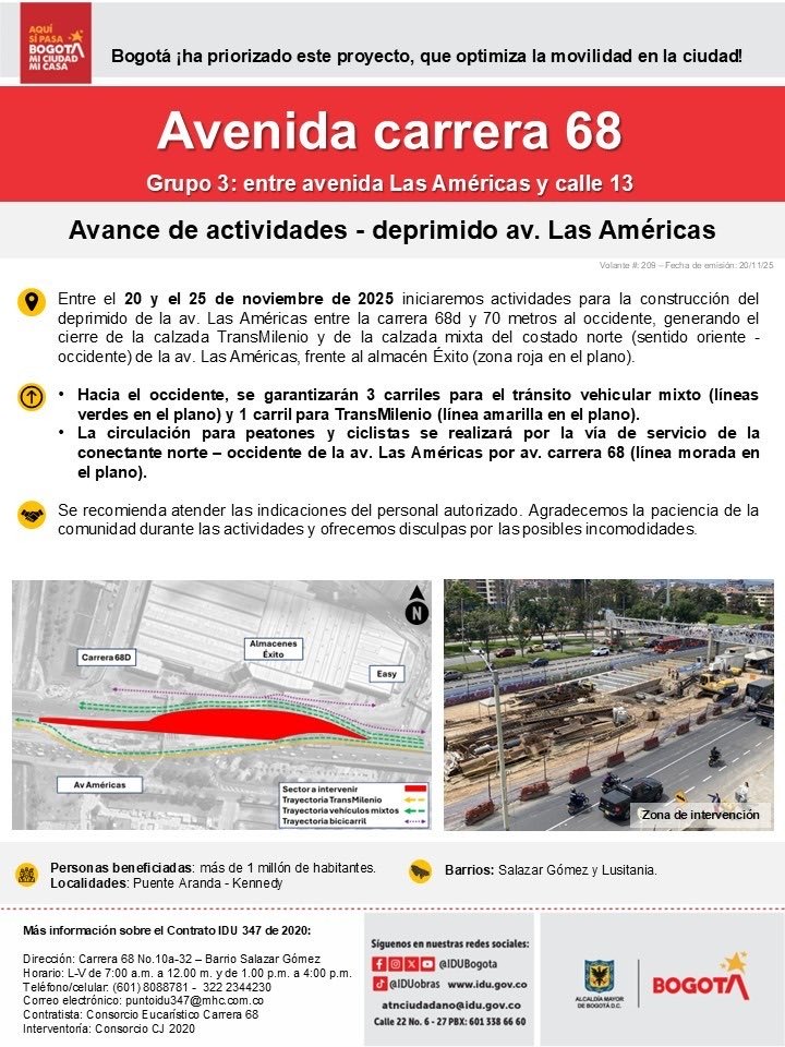 👉Entre el 20 y el 25 de noviembre, hay desvíos por obras del deprimido. Se cierra la calzada TransMilenio y mixta (oriente-occidente).

TransMilenio va por 3 carriles de vehículos mixtos. ¡Sigue las indicaciones!