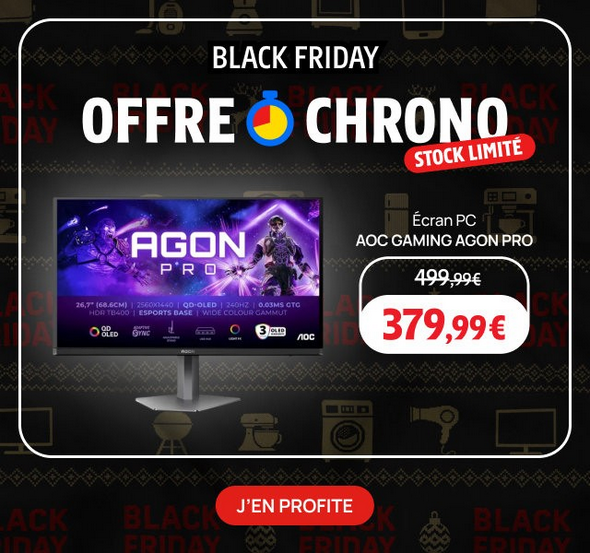 Ventes_Pas_cher's tweet image. 🎮🔥 BLACK FRIDAY -24% Ecran PC AOC GAMING AGON Pro AG276QZD2 26.7" OLED 240 Hz QHD ! 🔥🎮

🥰Voir sur Darty : tidd.ly/4o7P8y8

💰 Prix exceptionnel : 379,99€ TTC au lieu de 499,99€ 💰

#BlackFriday #Darty #Gaming #AOC #AGON #OLED #BonPlan #iziva