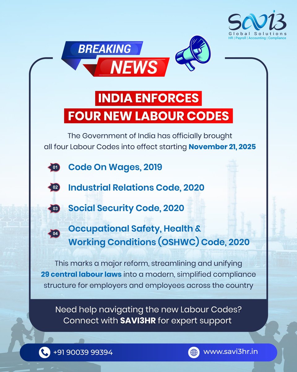 savi3hr's tweet image. 🔔The Biggest Shift in India’s Labour Laws Just Went Live!

The newly enforced codes include:

✅Code On Wages, 2019
✅Industrial Relations Code, 2020
✅Social Security Code, 2020
✅Occupational Safety, Health &amp;amp; Working Conditions (OSHWC) Code, 2020

#labourcodes #wagecode