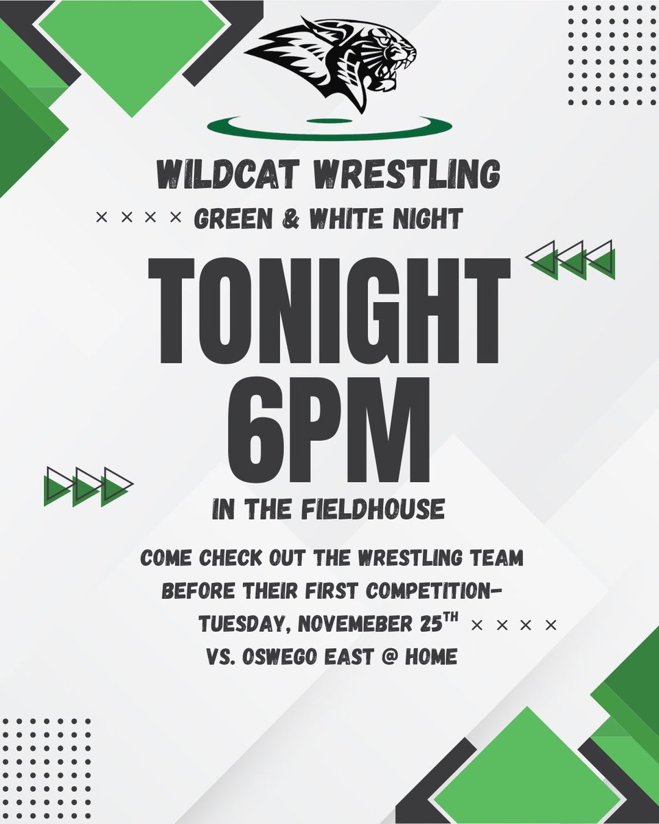 Join us tonight in the fieldhouse! Reminder parent meeting prior to wrestling (details sent via email)!! #PAW <a href="/WildcatsPCHS/">Plainfield Central Wildcats Athletics</a> <a href="/Mr_Chlebek/">PHS Wildcats</a>