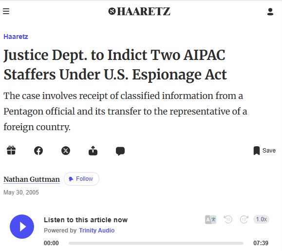 wallyrashid's tweet image. In 2004 it was discovered that an Israeli spy in the pentagon was sending classified US intel on Iran to two @AIPAC executives which they then sent to the Israeli government. 

The charges were dropped because of concern the trial would divulge classified information.
