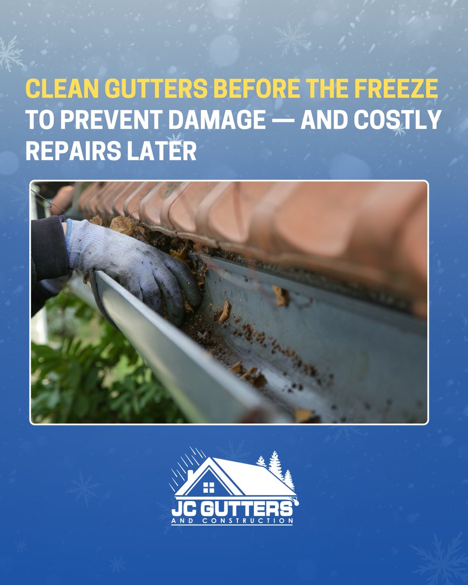 JC_Gutters's tweet image. The weight of ice buildup can pull gutters away from your roof and lead to costly repairs. Clean gutters now to prevent sagging and protect your home before the deep freeze hits.

#jcgutters #WinterReady #GutterCheck #ProtectYourHome #PreventTheSag #OhioHomes #HomeMaintenance