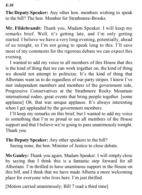 10 years ago, Wildrose and PC MLAs voted unanimously with Alberta's New Democrats to make discrimination on the basis of gender identity / gender expression illegal in Alberta. 

UCP MLAs Ellis, McIver, Hunter, Cyr and Loewen were in the house. 
docs.assembly.ab.ca/LADDAR_files/d…