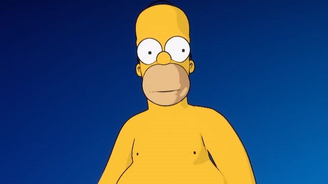 IGN's tweet image. Fortnite players got their first glimpse at something never seen in the game before: nipples. Specifically, Homer Simpsons&apos; nipples. And big ones too, at that. bit.ly/4o30149