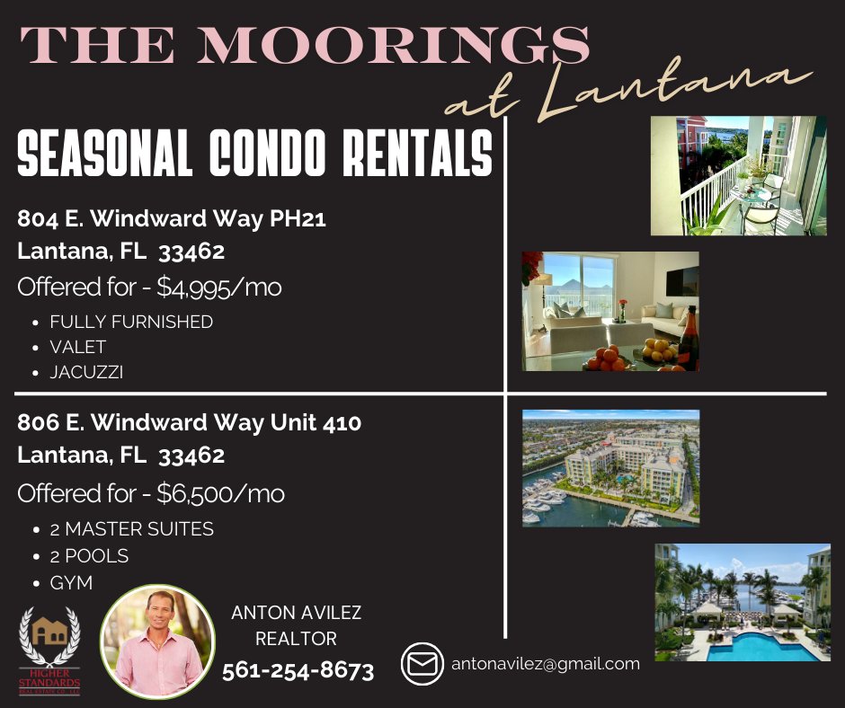 HSRealEstateCo's tweet image. Are you or someone you know still looking for a seasonal rental? It's not too late to take advantage of one of these beautiful units located @ the Moorings at Lantana. Call Realtor Anton Avilez 4 details at 561-254-8673 #themooringsatlantana #themoorings #palmbeachseasonalrentals