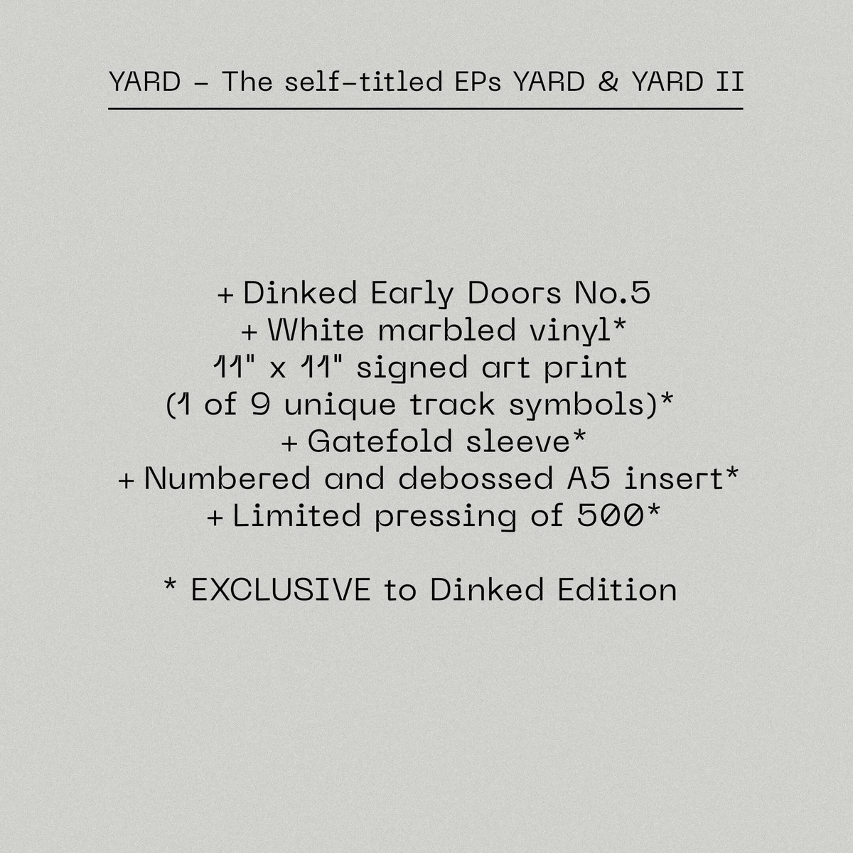 ⚪Dinked Early Doors 5⚪

YARD are the electrifying three-piece electro-punk band from Dublin.

This exclusive Dinked Early Doors LP pairs the band's first two EPs - YARD and YARD II... Highly recommended!

Pre-order: reflexrecordshop.com/product/85009/… <a href="/Yard_Band/">YARD</a>