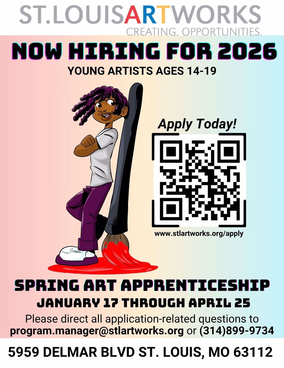 Blueprint4STL's tweet image. Youth ages 10-14 can now apply for a Spring Art Apprenticeship with our friends at @stlartworks! Learn from experienced teaching artists, connect with fellow creatives, enhance your artistic skills, enjoy a fun experience, and earn a paycheck in the process.