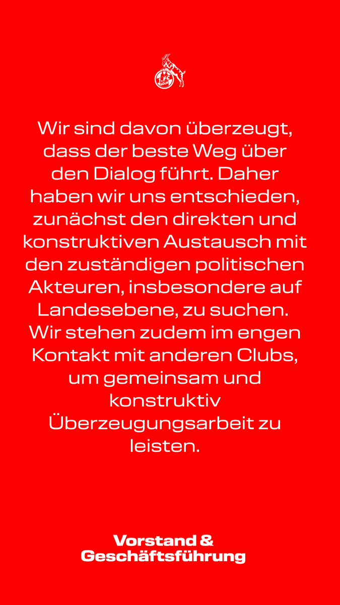 Die organisierte Fanszene des 1. FC Köln hat für das Heimspiel gegen Eintracht Frankfurt einen Stimmungsboykott für die ersten 12 Minuten angekündigt. 

Unser Vorstand und unsere Geschäftsführung können den Protest nachvollziehen 👇

#effzeh