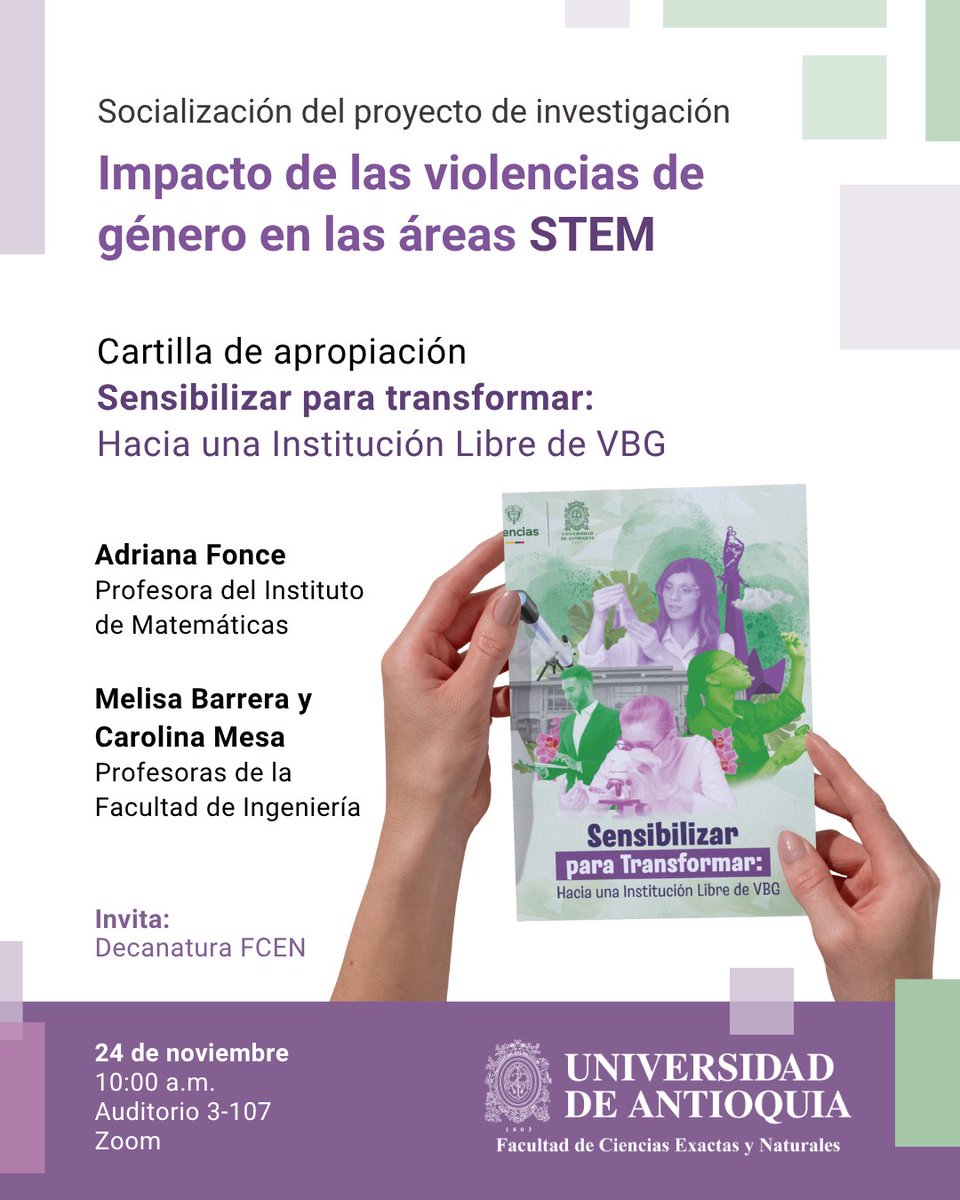 💜¿Cómo impactan las violencias de género en los entornos STEM?
Desde la FCEN queremos invitar a toda la comunidad universitaria a participar en la socialización del proyecto de investigación “Impacto de las violencias de género en las áreas STEM”.
zoom: bit.ly/49pgiNk