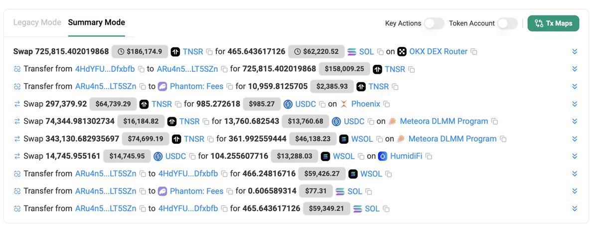 대규모 슬리피지로 인해 725K TNSR을 단지 465 SOL(약 $62K)으로 덤핑한 것으로 보이는 Coinbase 연관 지갑을 보여주는 Solscan 스크린샷
