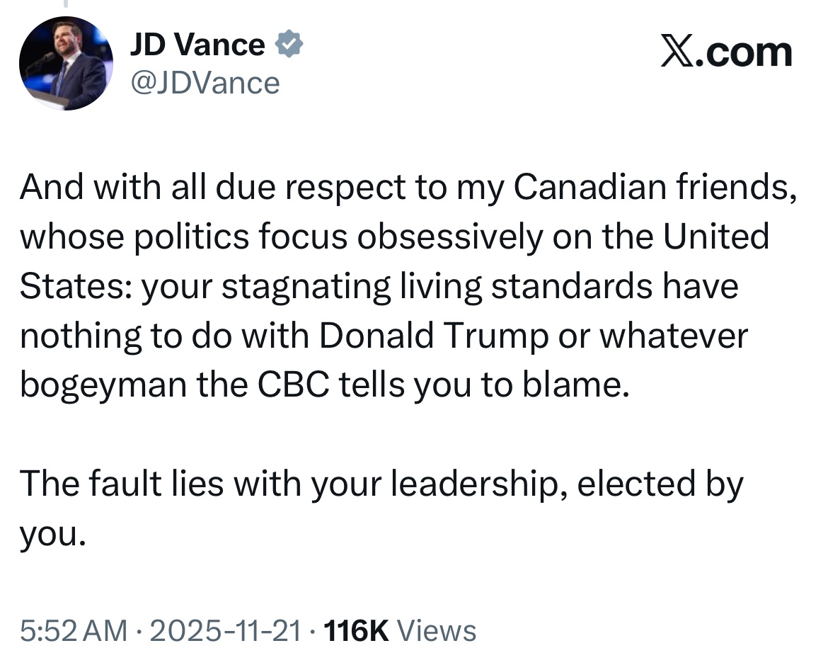 mrsunshinebaby's tweet image. 🚨 JD Vance SPEAKS THE TRUTH to Canadians, and gives Liberals a much needed REALITY CHECK.

“Your stagnating living standards have nothing to do with Trump or whatever bogeyman the CBC tells you to blame.”