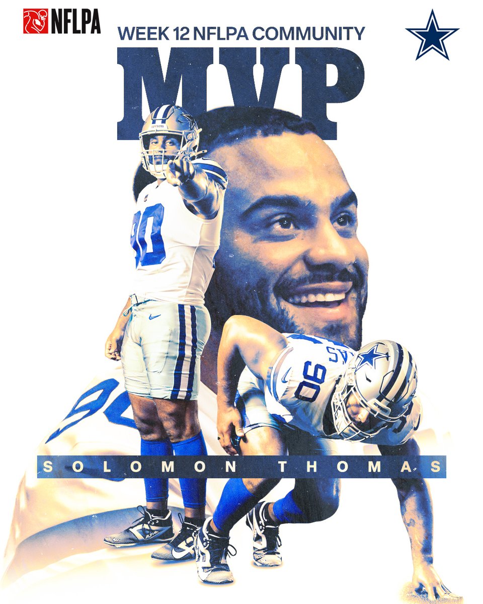 dallascowboys's tweet image. Congrats, Solly 👏

@SollyThomas90 has been recognized as the Week 12 @NFLPA Community MVP for his outstanding work in our community! Solly held a mental health conversation for local students, donated a $10,000 check on behalf of the Gene and Jerry Jones Family Foundation, and…