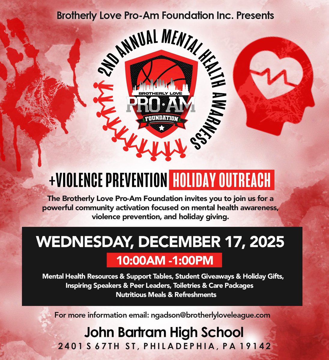 Back at my alma mater John Bartram High for our <a href="/BLoveLeague/">Brotherly Love League</a> Mental Health &amp; Violence Prevention Outreach on Dec 17th.

Bringing resources, giveaways, PS5 + PC prizes, free meals, screenings &amp; youth development.

Southwest Philly, I never forgot The 🅱️