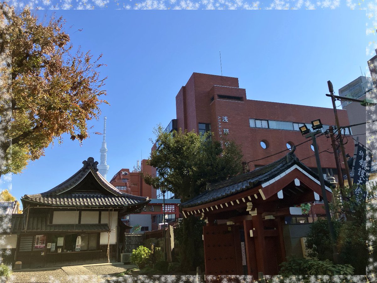 chokt123m's tweet image. 近年、裏道も大混雑！
と、なかなか行かなくなってしまった浅草🏮
約20年前。当時、伝法院通りにあったお店でアルバイトをして、店前の枯葉を箒で掃いても、掃いてもまたすぐ降ってきて……と、やっぱり秋の浅草には行きたくて🚃
西日を透かす木々の葉、浅草公会堂とスカイツリー…