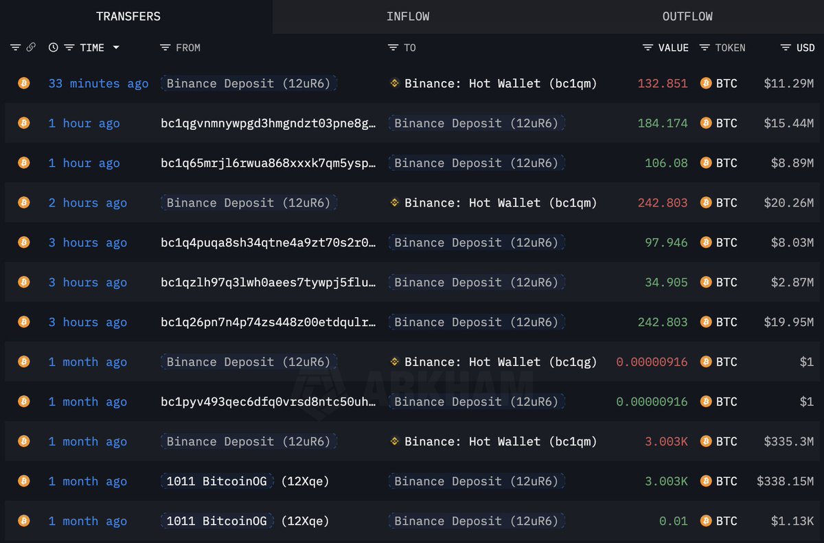 고래 지갑에서 바이낸스로 이체된 비트코인 스크린샷