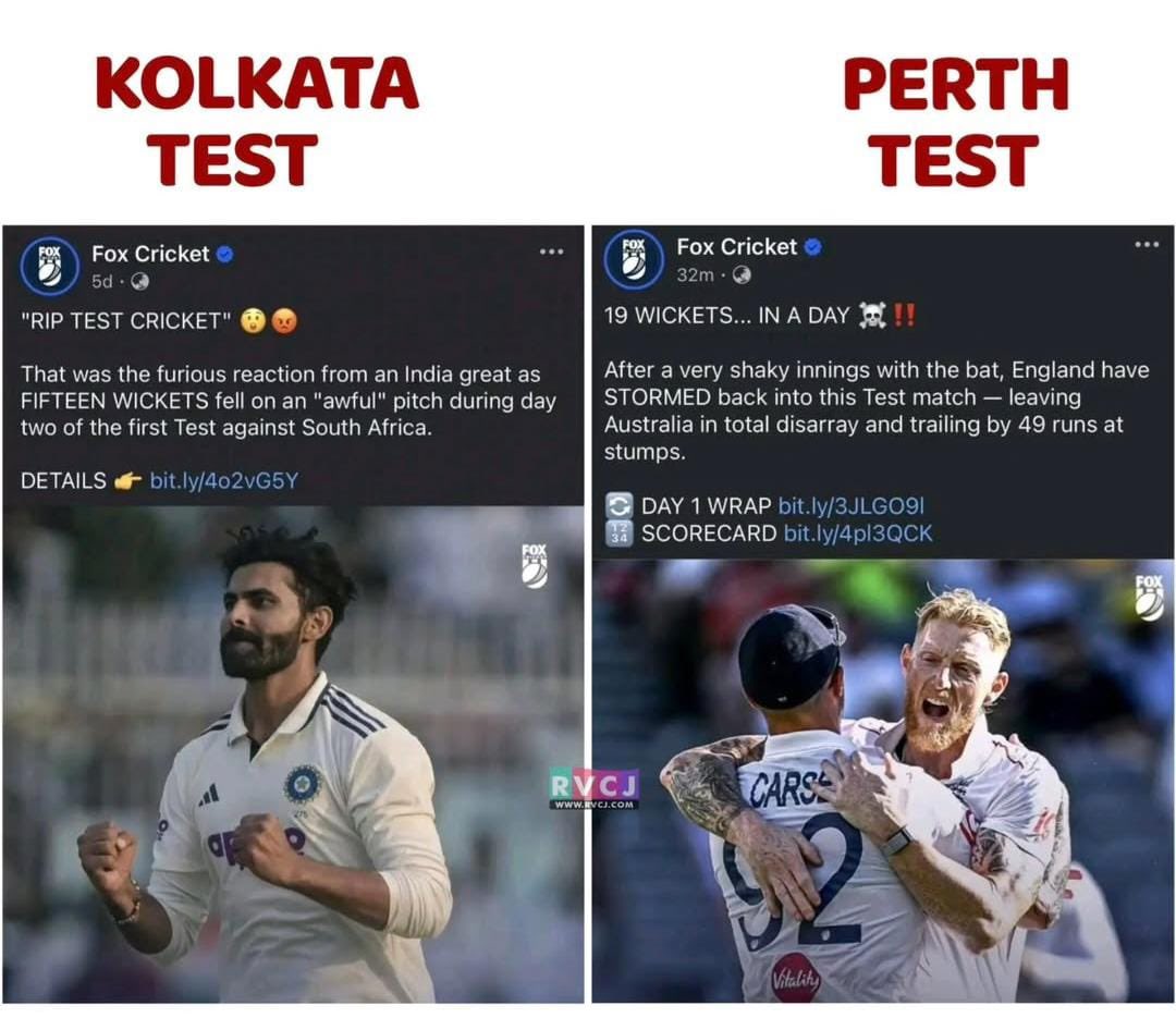 mstbejoking's tweet photo. Unreal how some “cricket experts” cry RIP Test Cricket when 15 wickets fall in Kolkata, but suddenly 19 wickets in Perth is “thrilling drama”. 😂 The hypocrisy is supreme level. Same game, same conditions. Spare us the double standards, mate. 🫠 @FoxCricket #Ashes2025 #engvsaus https://t.co/bEkhrokCky