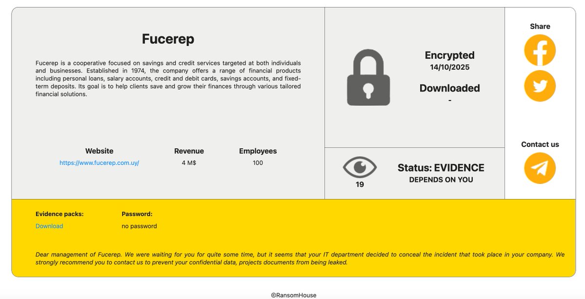 _venarixES_'s tweet image. El grupo #RansomHouse #ransomware habría #hackeado a Cooperativa de Ahorro y Crédito #Fucerep (fucerep.com.uy), con sede en #Montevideo, #Uruguay 🇺🇾 ofrece servicios bancarios, incluyendo cuentas de ahorro, préstamos personales y comerciales, tarjetas de crédito...…