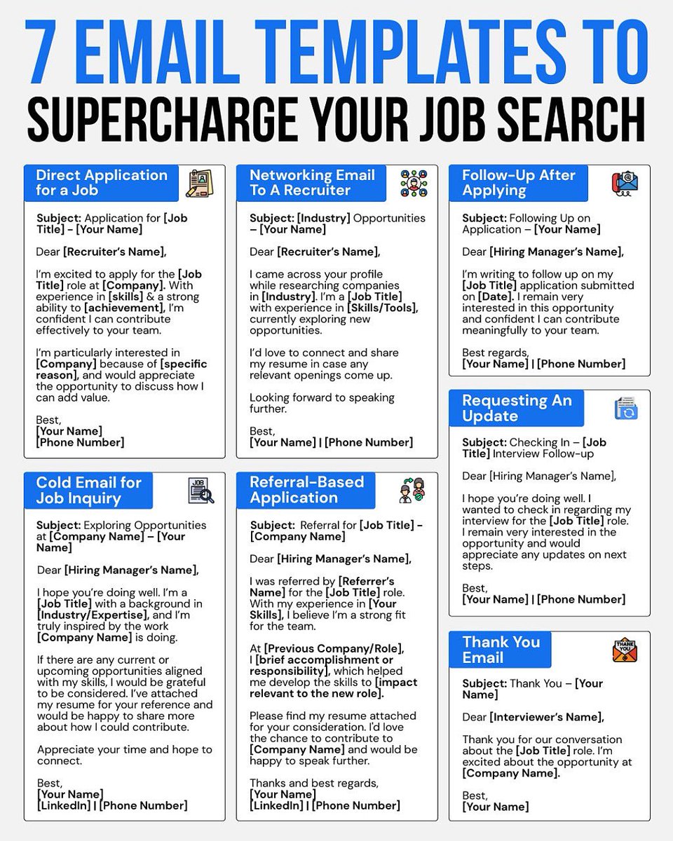 Stop sending generic emails 🛑! 

We've compiled 7 Email Templates to Supercharge Your Job Search that cover every step of the process, from networking with a cold contact to sending a post-interview thank you that gets noticed. 📢

#emaiwriter #aiemailwriter
