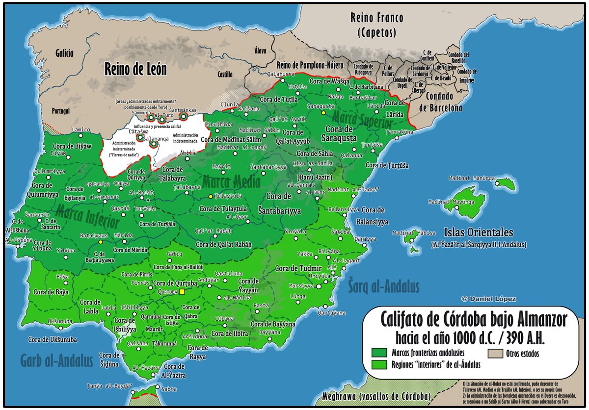 Dani6CBP__'s tweet image. Buenas tardes a todos. Como colofón a la serie sobre el al-Ándalus Omeya, os traigo el último mapa:

Mapa del Califato de Córdoba en su máximo esplendor territorial, en el año 1000, bajo el ḥāŷib (canciller) Abū ‘Āmir &quot;al-Manṣūr&quot;, siendo califa Hishâm III.

Espero que os guste.