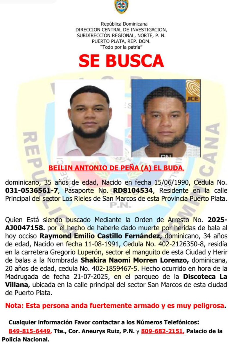 *Policía Nacional activa búsqueda de peligroso prófugo conocido como “El Buda”, quien escapó del CCR-Moca*

La Policía Nacional, a través de la Dirección Central de Investigación (DICRIM) y su Departamento de Búsqueda y Captura de Prófugos, informó que mantiene activa la