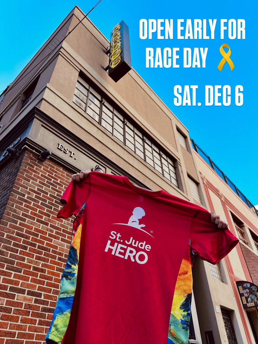 The <a href="/StJude/">St. Jude</a> Marathon is almost here, and we’re ecstatic to open EARLY to serve as your Downtown cheer station 🥳

⏰ Open 7:30 AM on Sat, Dec. 6

Runners/walkers: show your race bib or medal on to receive 20% off food Thursday 12/4 thru Sunday 12/7!🎗️👟