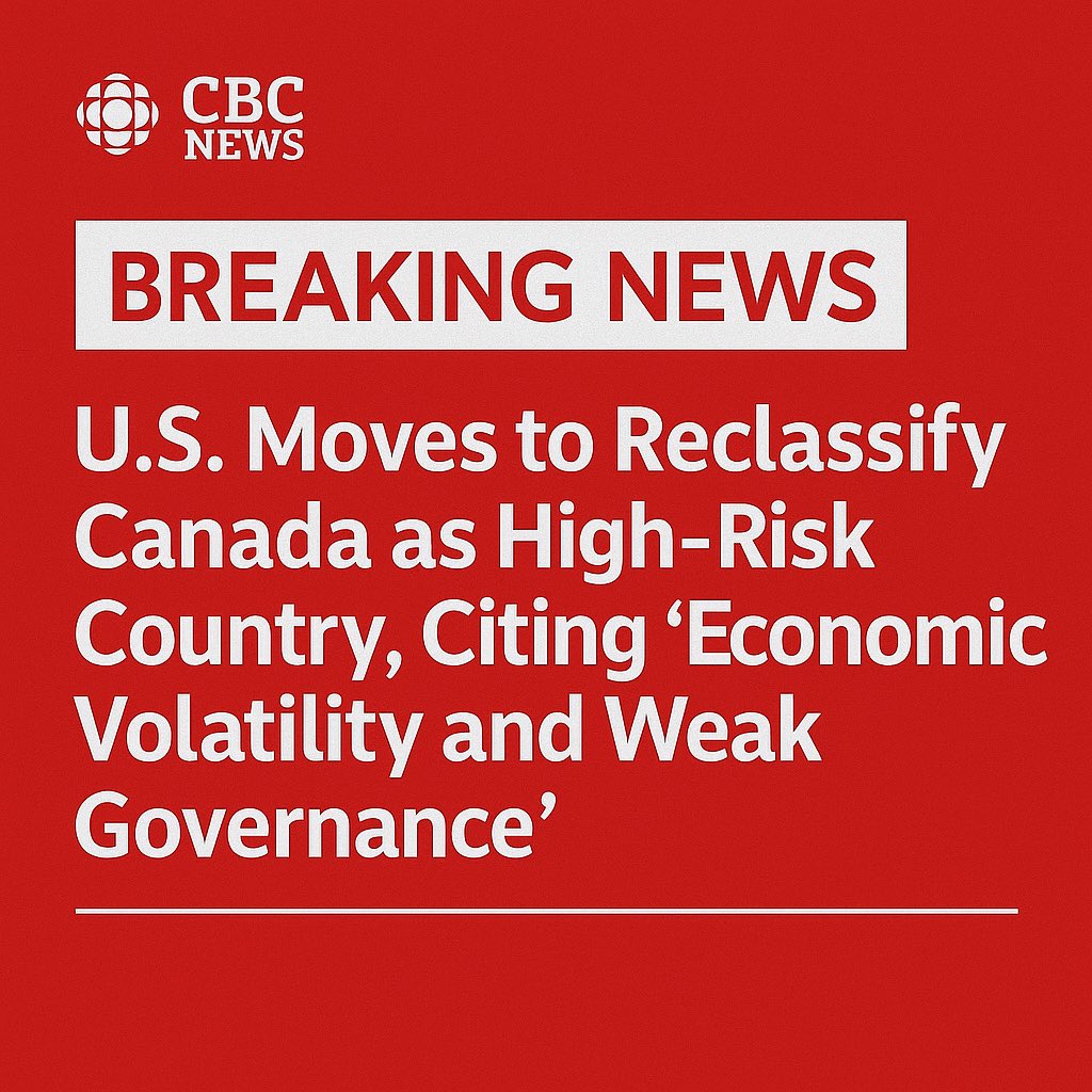 SatireSquadHQ's tweet image. 🚨🇨🇦Breaking Ottawa—𝐔.𝐒. 𝐌𝐨𝐯𝐞𝐬 𝐭𝐨 𝐑𝐞𝐜𝐥𝐚𝐬𝐬𝐢𝐟𝐲 𝐂𝐚𝐧𝐚𝐝𝐚 𝐚𝐬 𝐇𝐢𝐠𝐡-𝐑𝐢𝐬𝐤 𝐂𝐨𝐮𝐧𝐭𝐫𝐲, Citing &apos;Economic Volatility and Weak Governance&apos;

A Homeland Security official put it bluntly:

“Canada used to be the boring neighbor. Now it’s the neighbor…